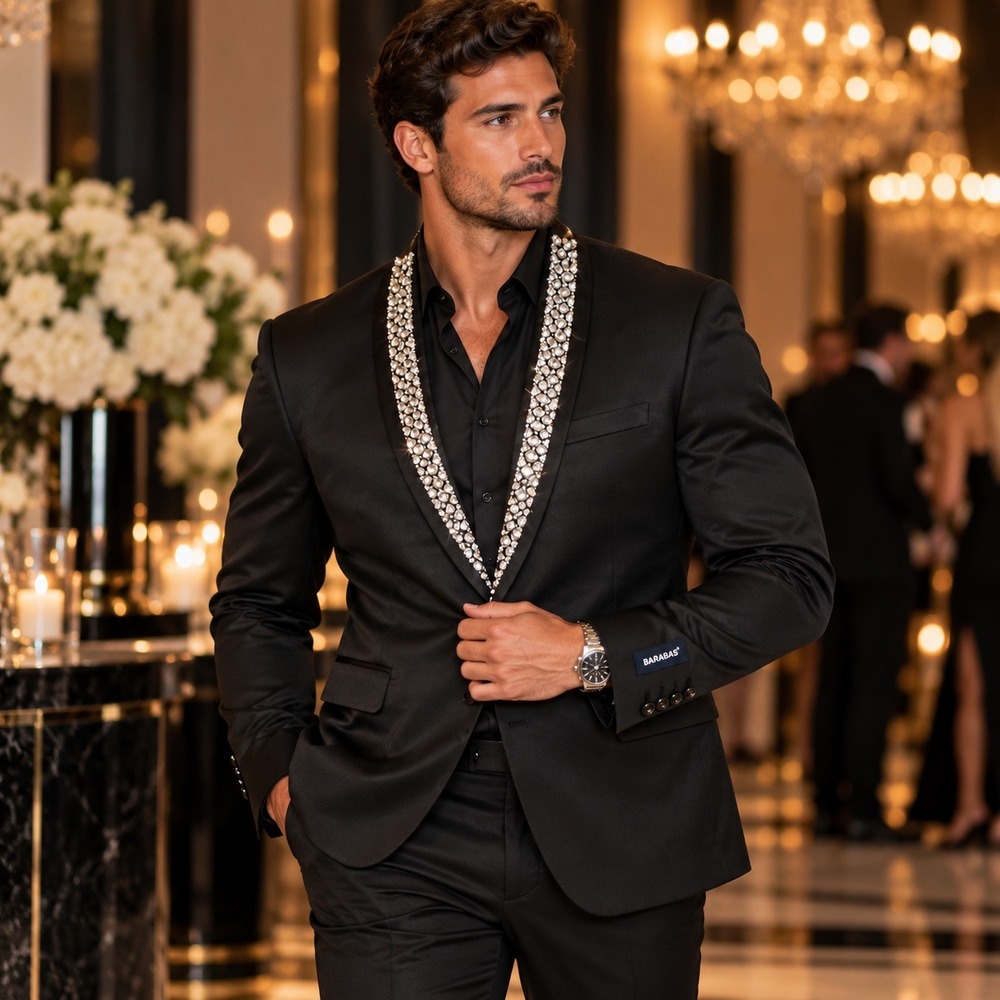 Barabas Mens Black Rhinestone Shawl Lapel Slim Fit Blazer Jacket 40R 17075#